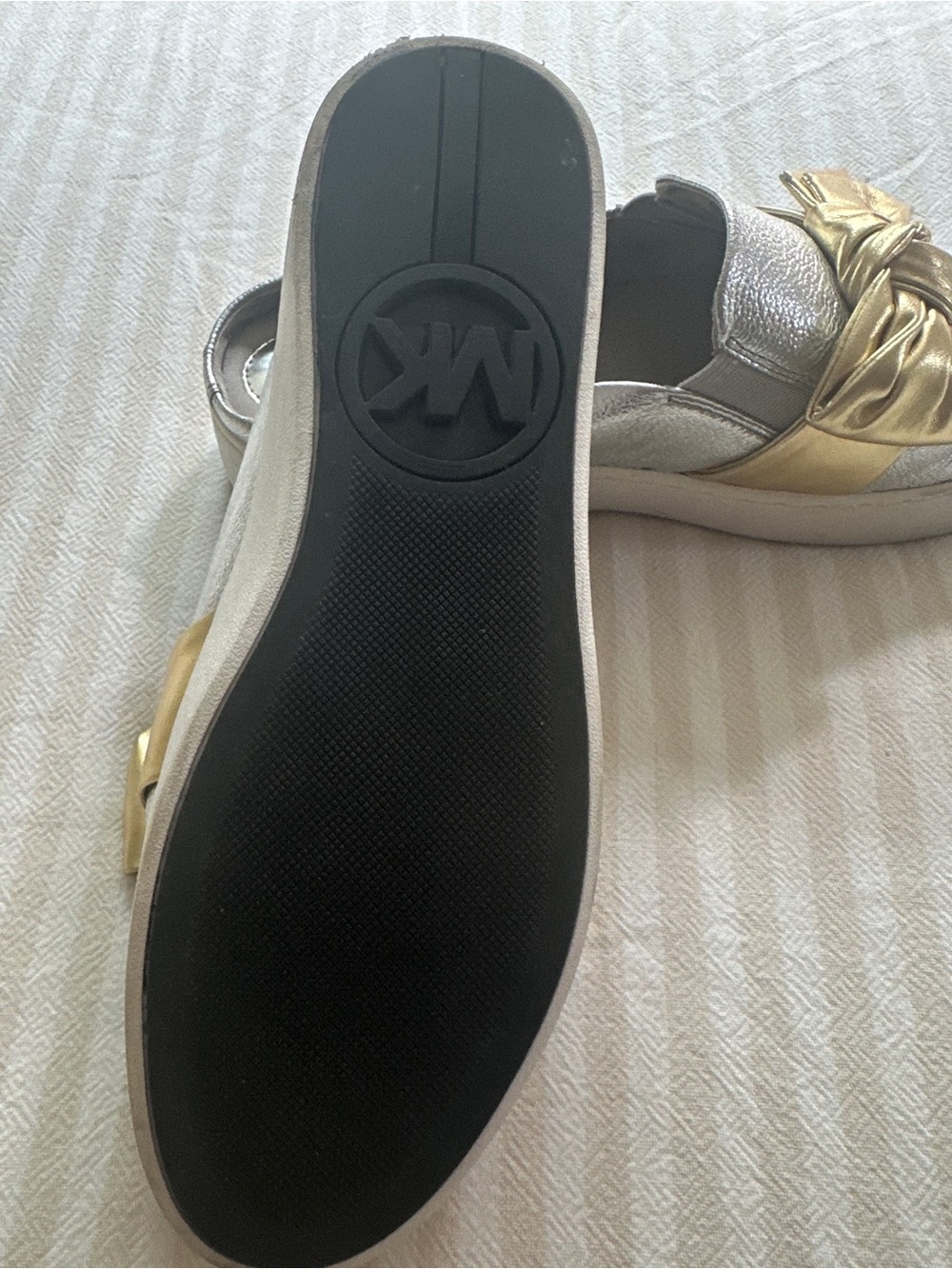 Michael Kors Metallic Silver Slip-On Mules with Gold Bow - Picture 2 of 3